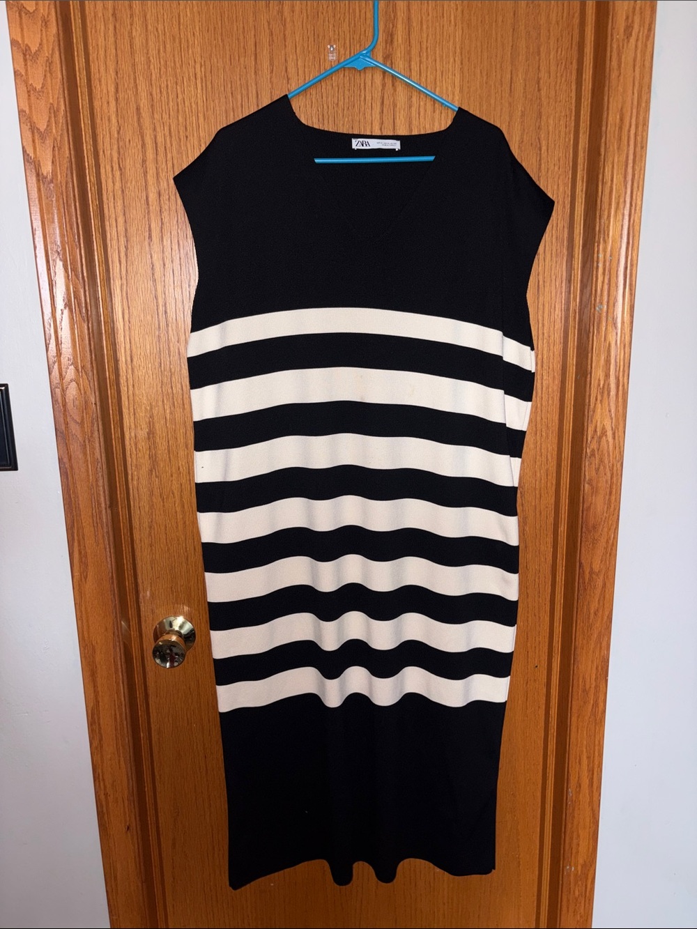 Zara Black and Cream Striped Sleeveless Dress